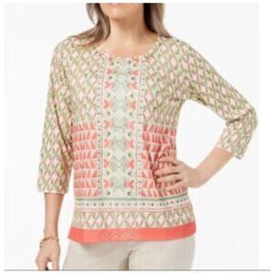Alfred Dunner Geometric Print Cotton Tunic Top With Embellished Neckline